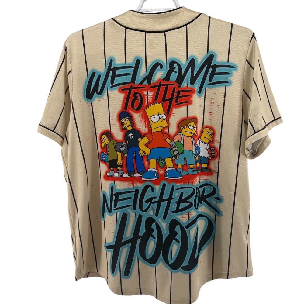 The Simpsons Bart Simpson Baseball Jersey Tan Pinstripe Trouble Maker Mens‎ L